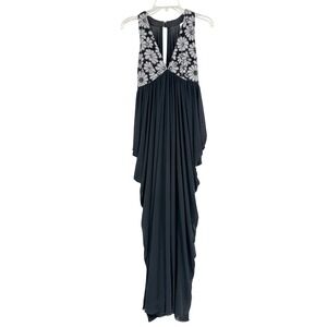 Vtg Formal Gown Black Floral Bodice Draped Maxi 62" Exclusive Création Hoffman